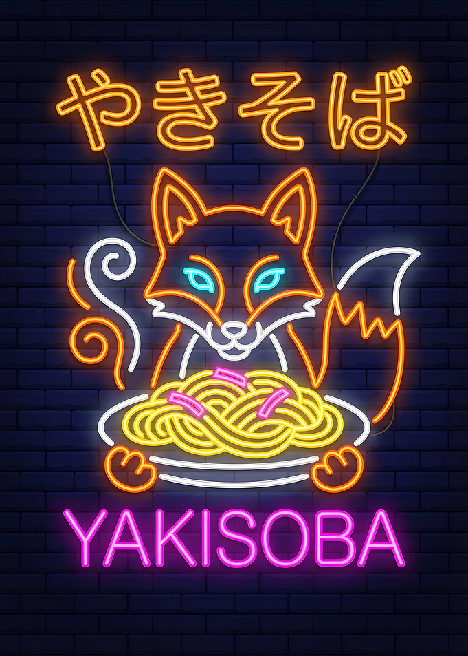 Neon Fox Eating Yakisoba