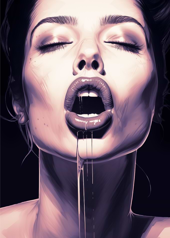 Woman with open mouth and dripping liquid