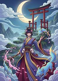 Mystical Japanese Shrine with Kitsune Spirits