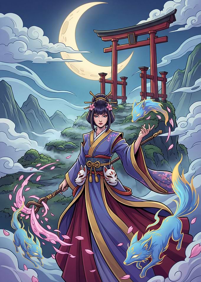 Mystical Japanese Shrine with Kitsune Spirits