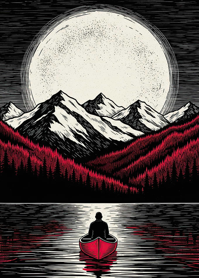 Man in Boat Under Full Moon