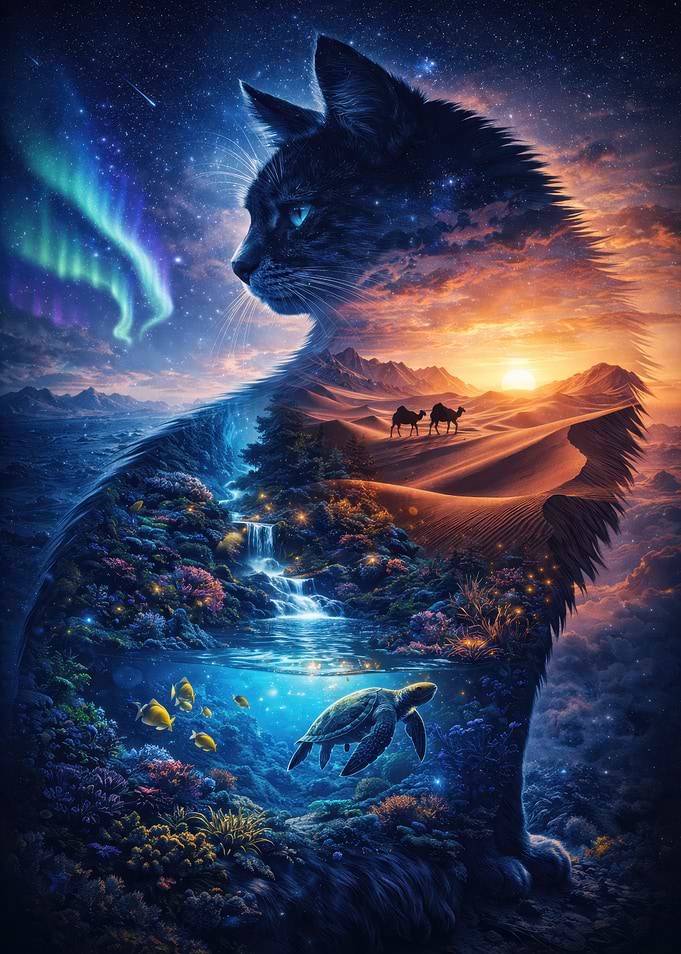 Surreal Cat Landscape Fusion