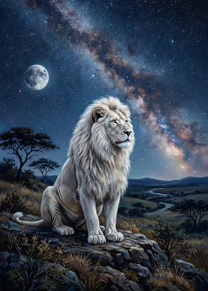 Majestic White Lion Under the Milky Way