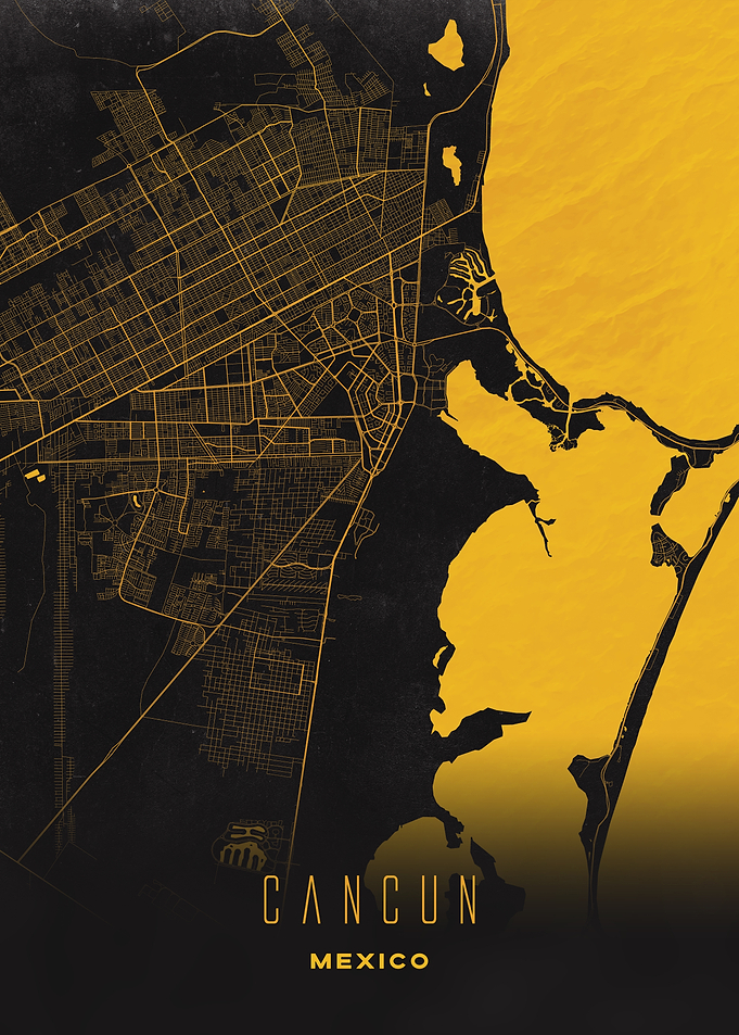 Cancun, Mexico - Golden City Streets Map, Wall Art Print