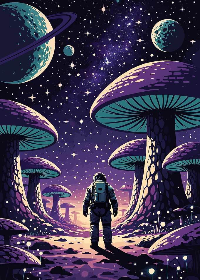 Astronaut in a psychedelic mushroom alien landscape