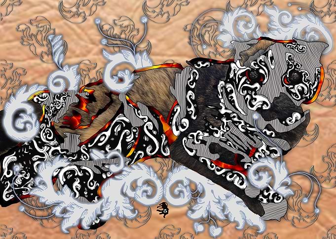 Cat drawing with fur texture and filigree Accents