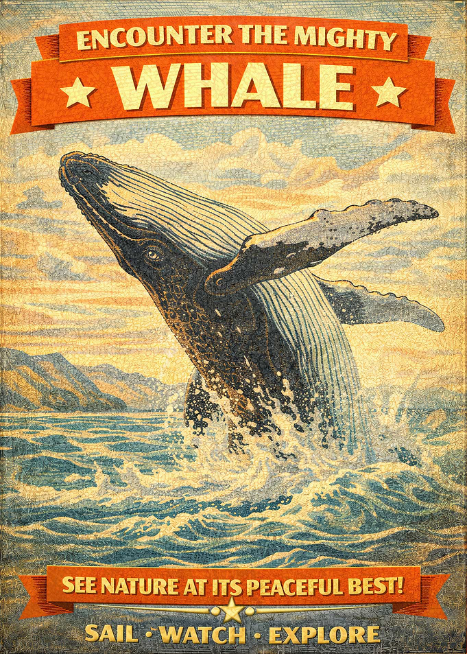 Mighty Whale Jumping Out of Water Vintage Poster