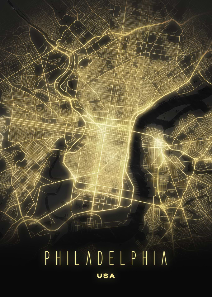 Philadelphia, Pennsylvania - Golden City Streets Map, USA Wall Art