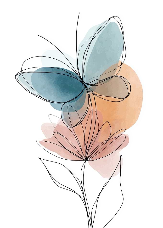 Abstract Floral Line Art with Watercolor Splashes