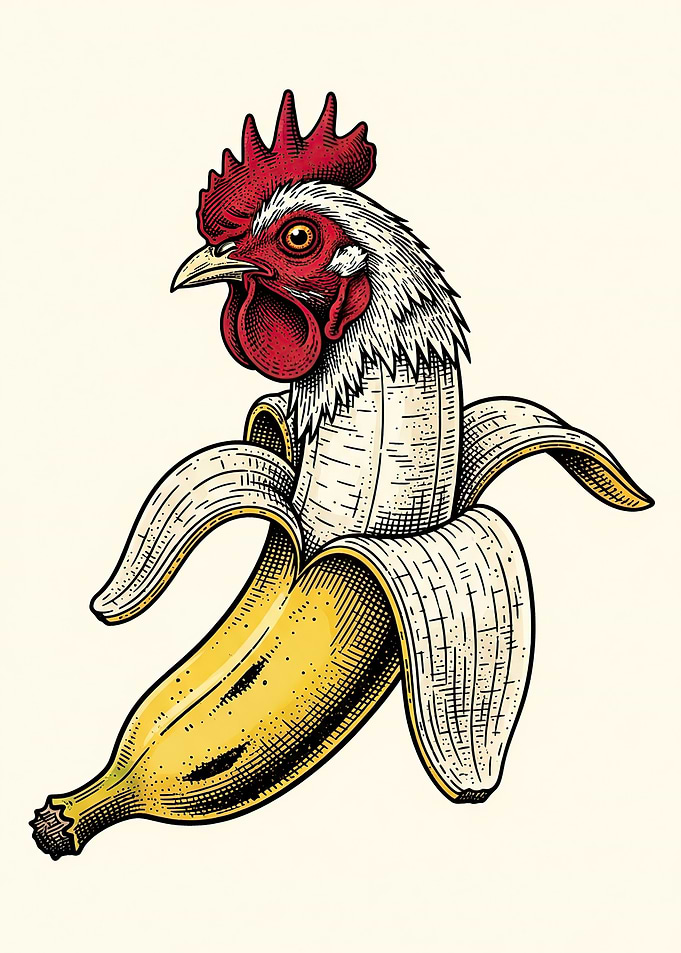Rooster Head in a Banana Peel