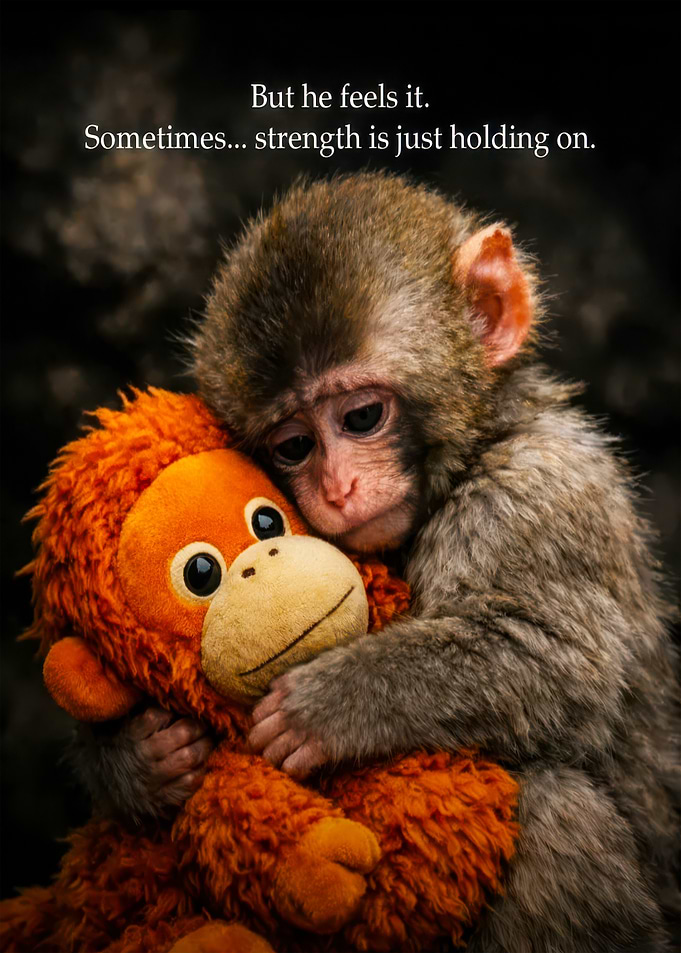 Monkey hugging a stuffed toy