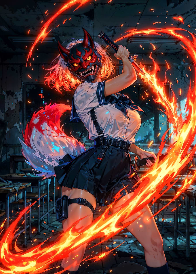 Samurai Fox Girl with Oni Mask