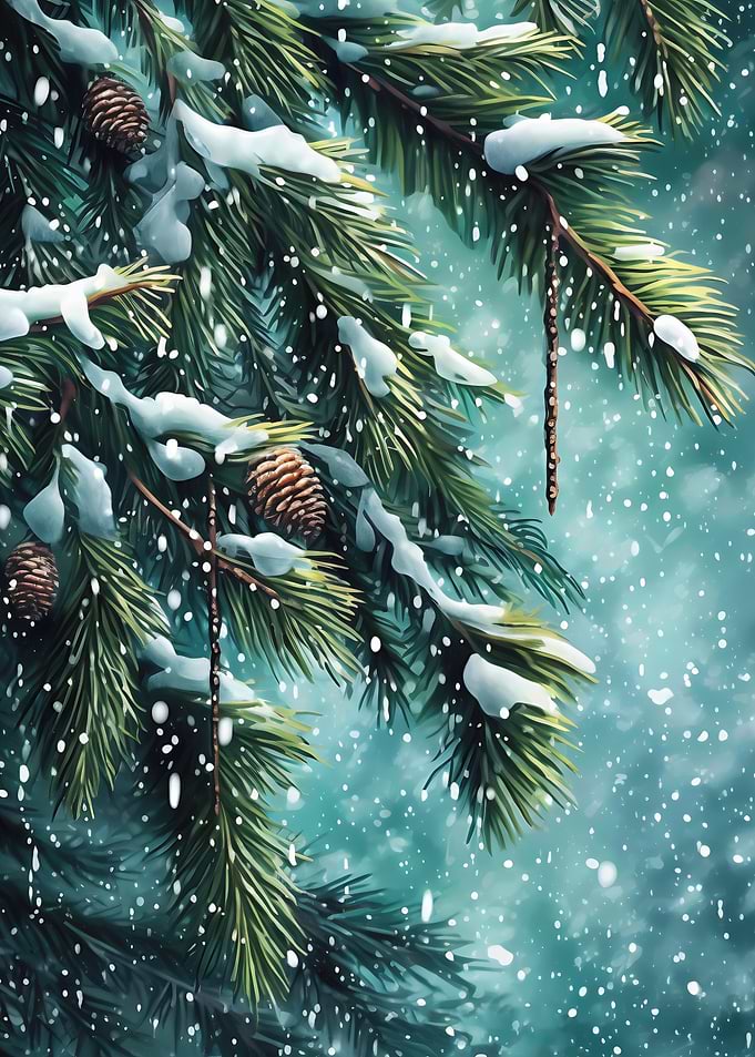 Snowy Pine Branches with Pinecones
