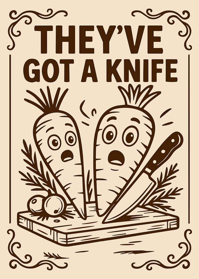 Scared Carrots Poster, Funny Kitchen Humor Wall Art, Comedic Vegetable Print