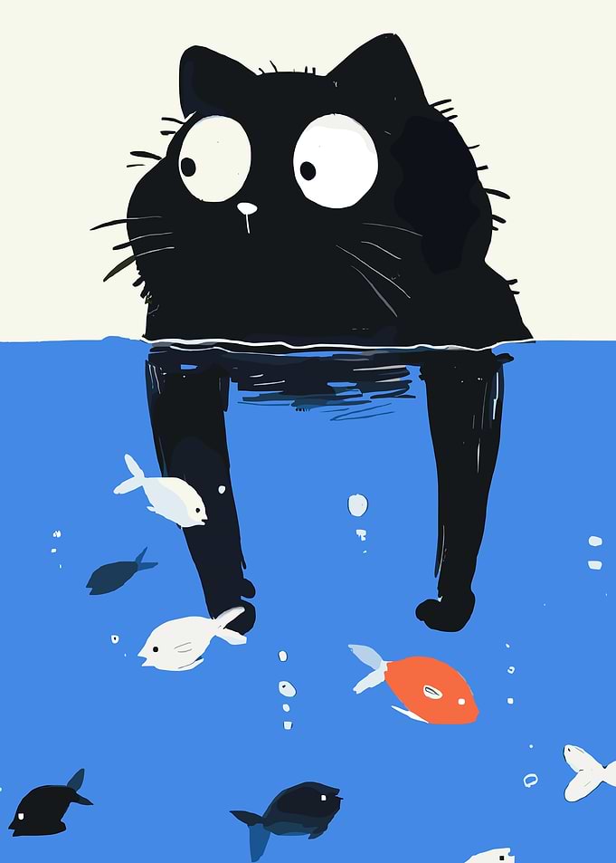 Black cat in water with fish