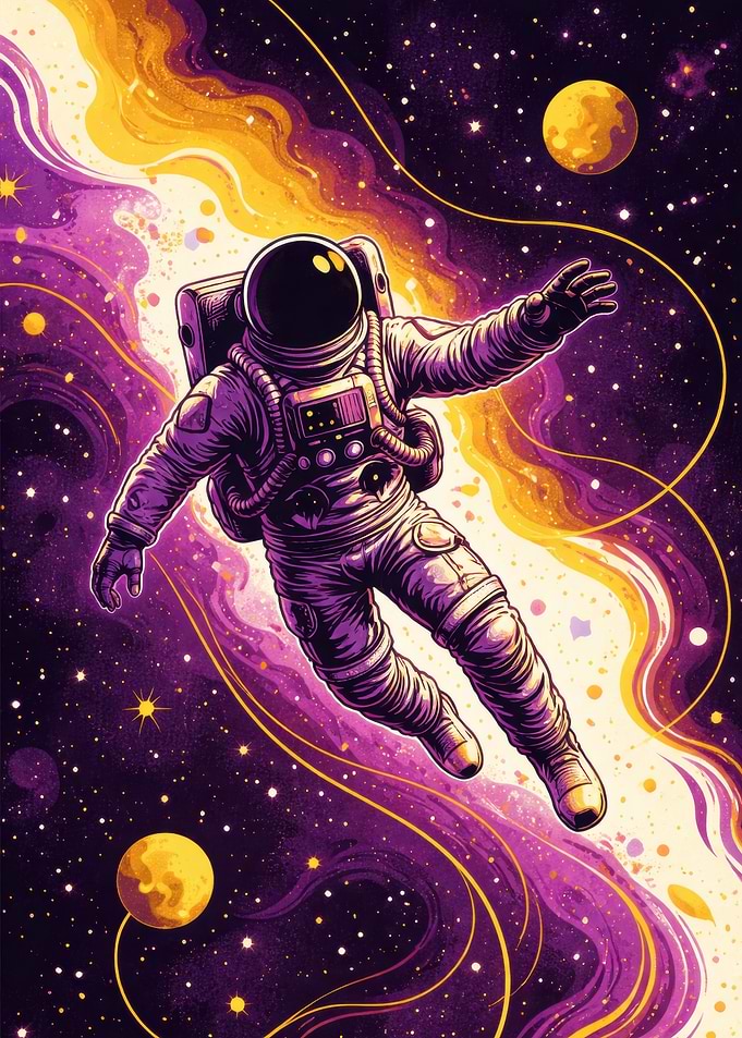 Astronaut floating in colorful nebula
