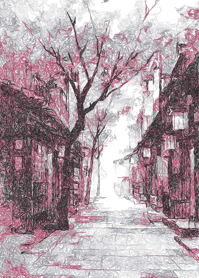 Japan Street Scene with Trees and Buildings
