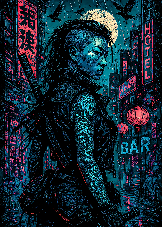 Cyberpunk Warrior in Rainy City