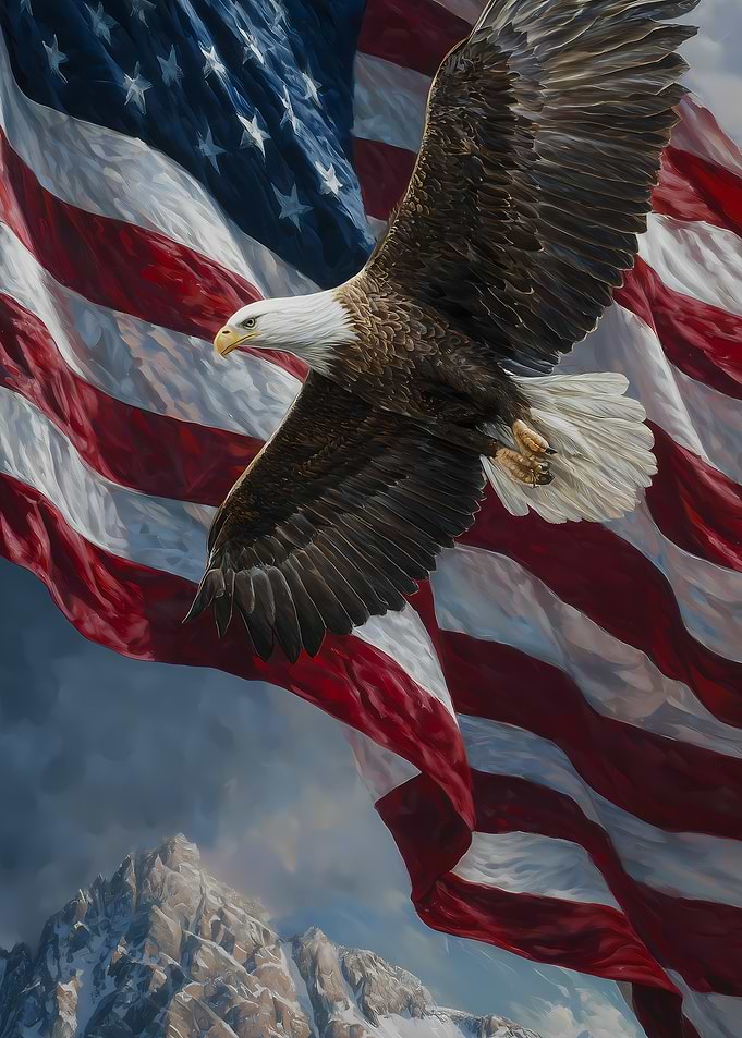 Bald Eagle Flying Over American Flag and Mountains