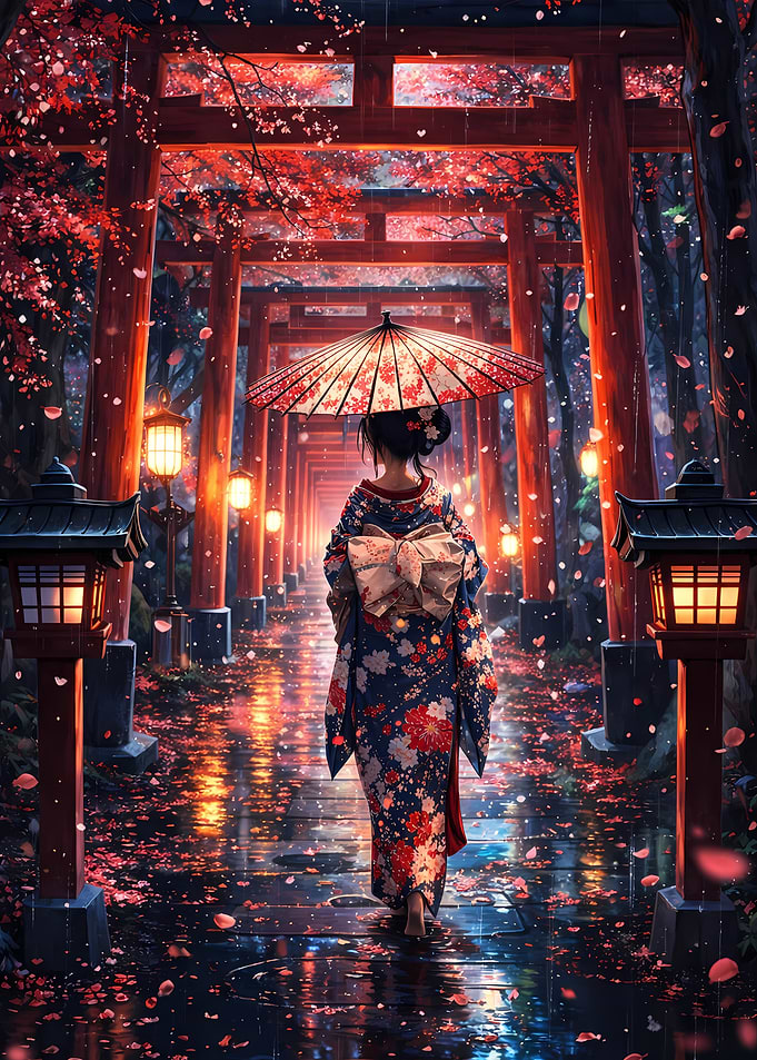 Woman in Kimono under Torii Gates