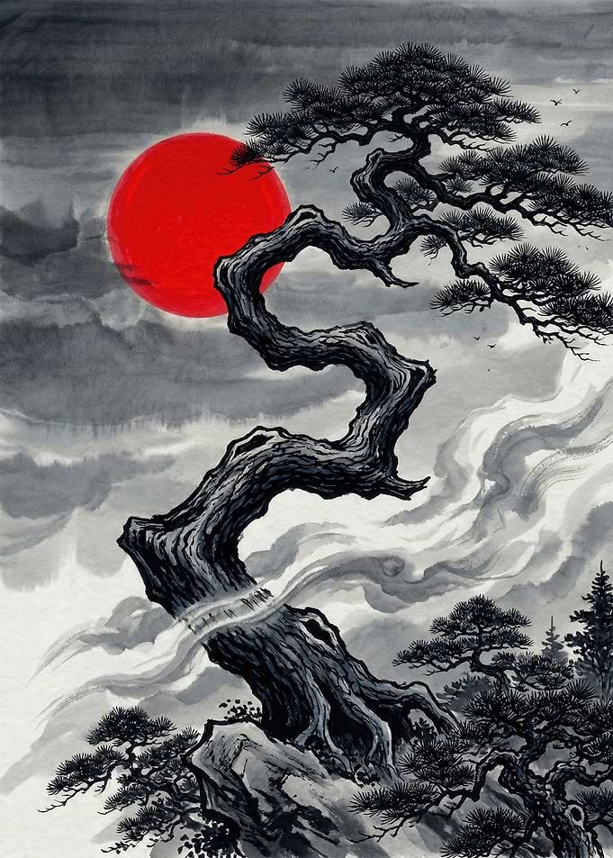Zen Bonsai Tree with Red Sun