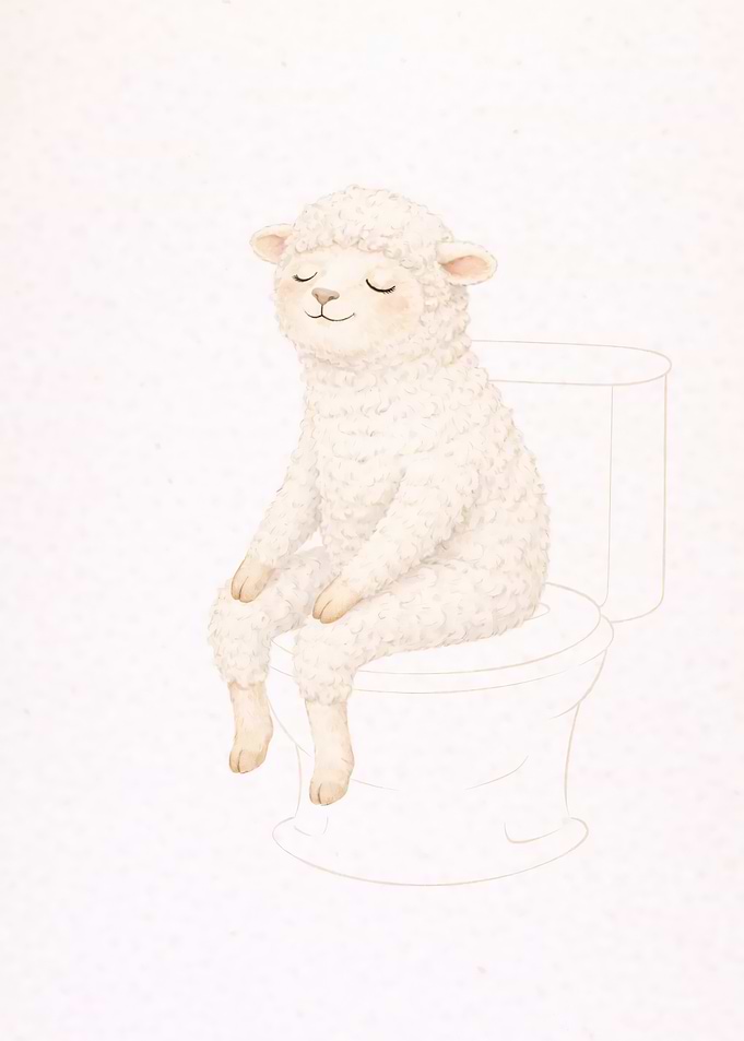 Cute Sheep Sitting on Toilet