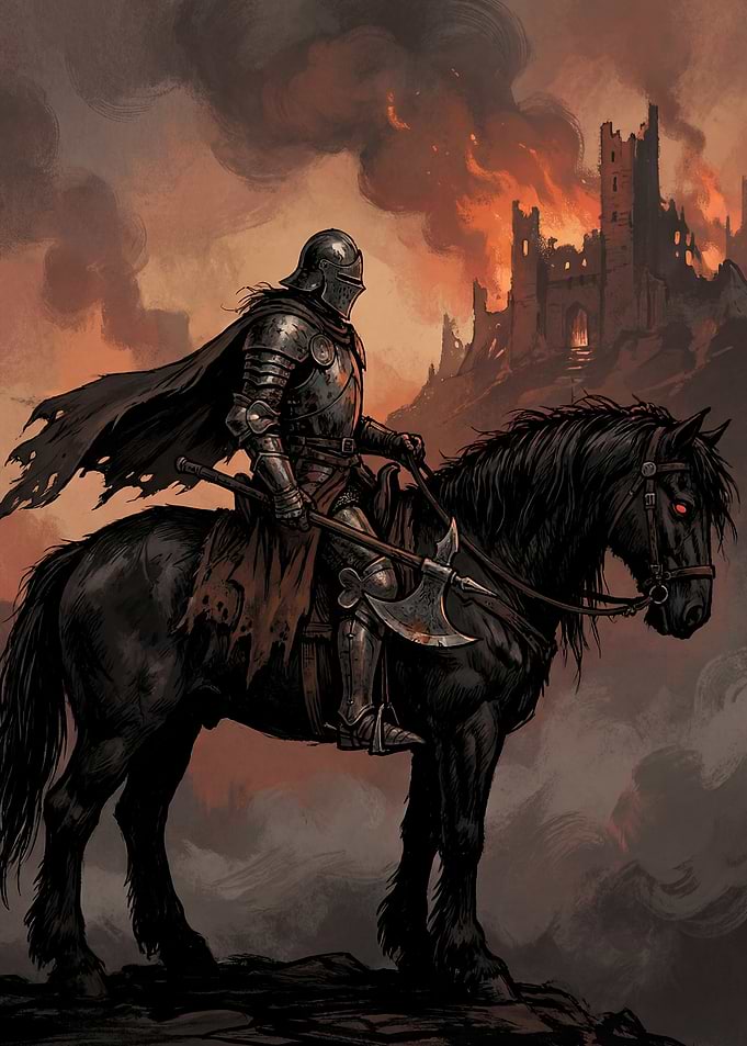 Knight on Horse with Burning Castle