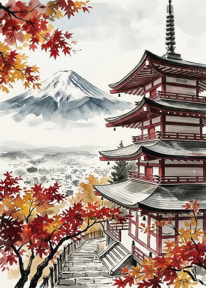 Pagoda and Mount Fuji in Autumn