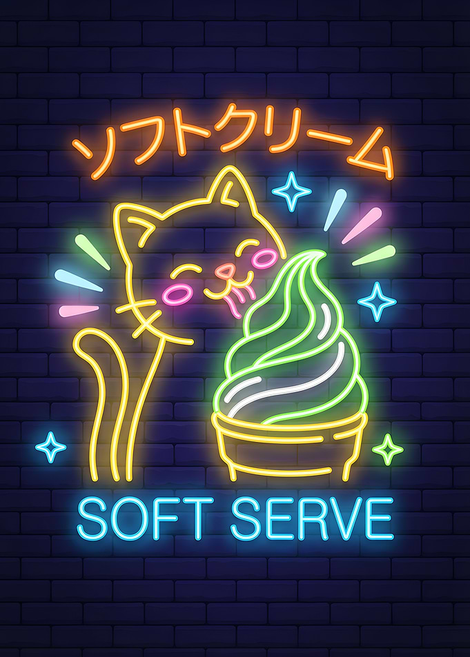 Cute Cat Eating Soft Serve Neon Sign