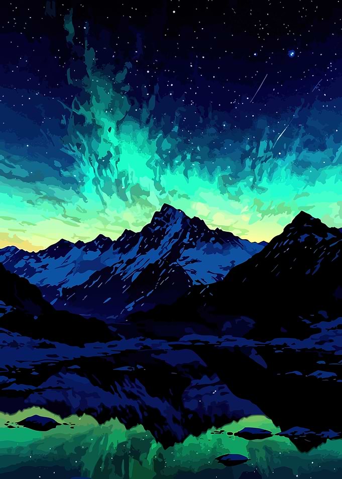 Aurora Borealis over Mountains and Lake