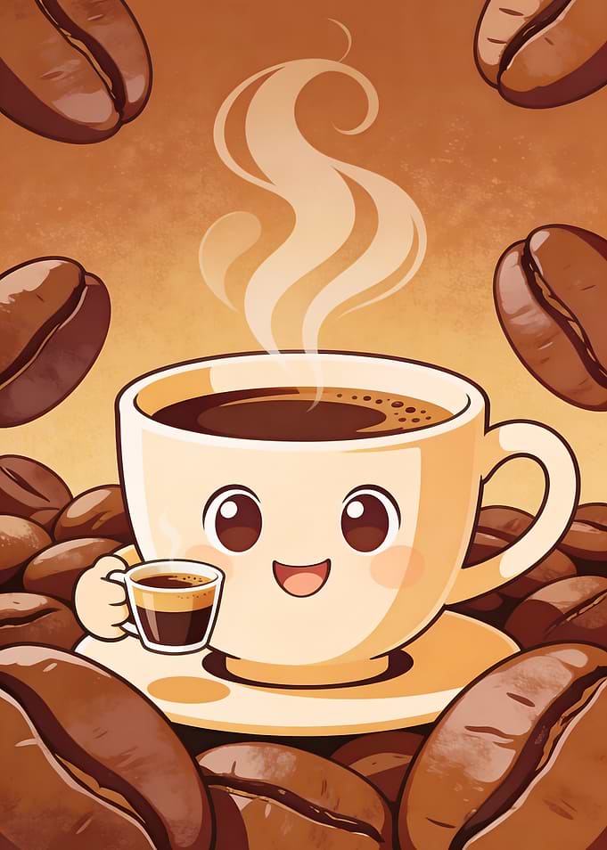 Cute Coffee Cup with Steam and Beans
