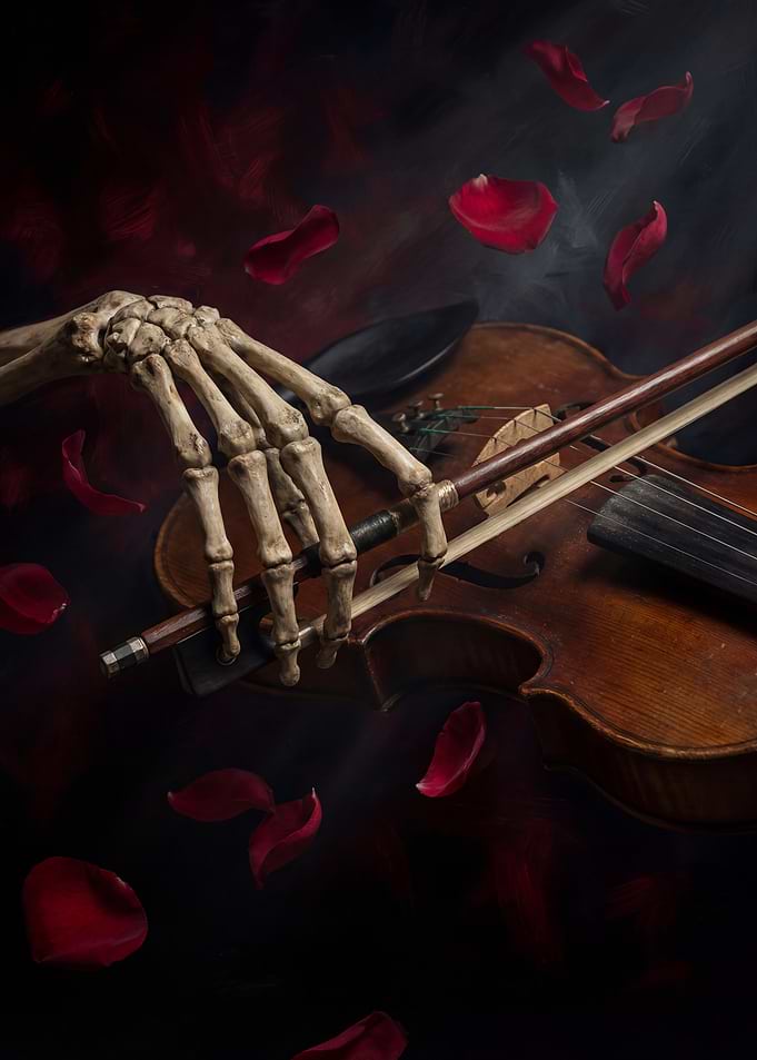 Skeleton Hand Playing Violin with Rose Petals