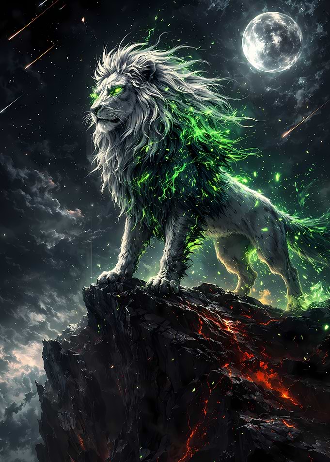Mystical Lion on Volcanic Cliff