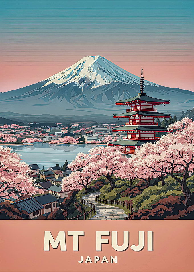 Mt. Fuji with Pagoda and Cherry Blossoms