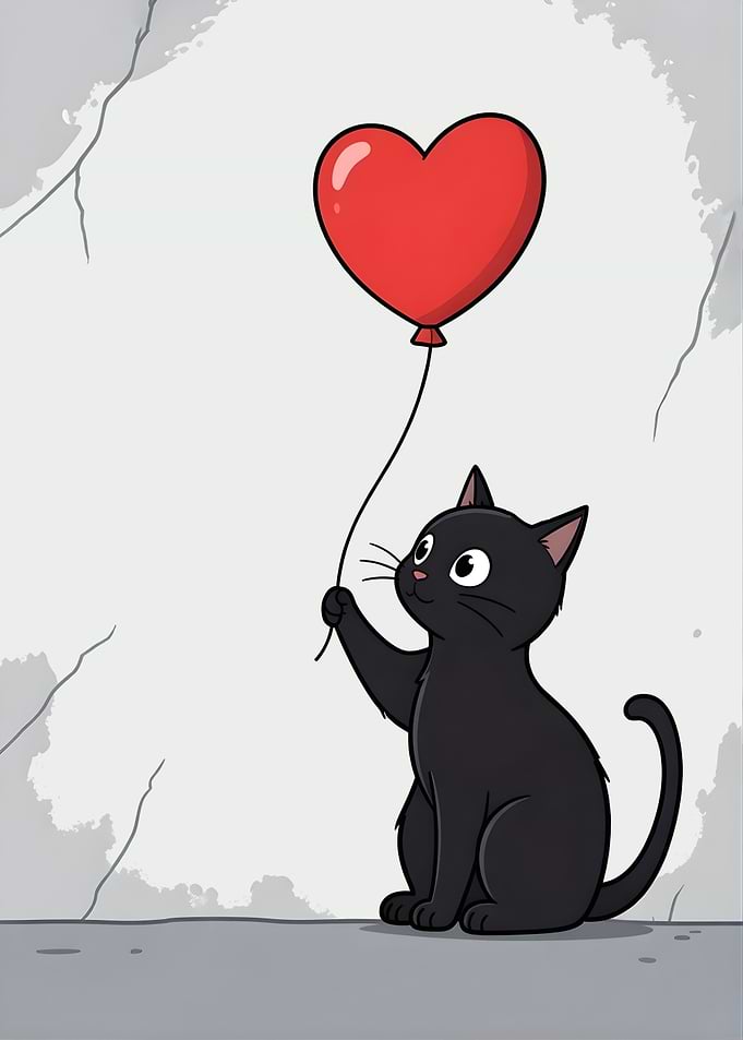 Black Cat Holding a Heart Balloon graffiti cartoon