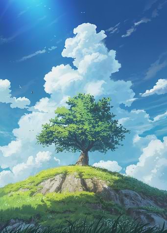 Lone Tree on a Hill Under Blue Sky