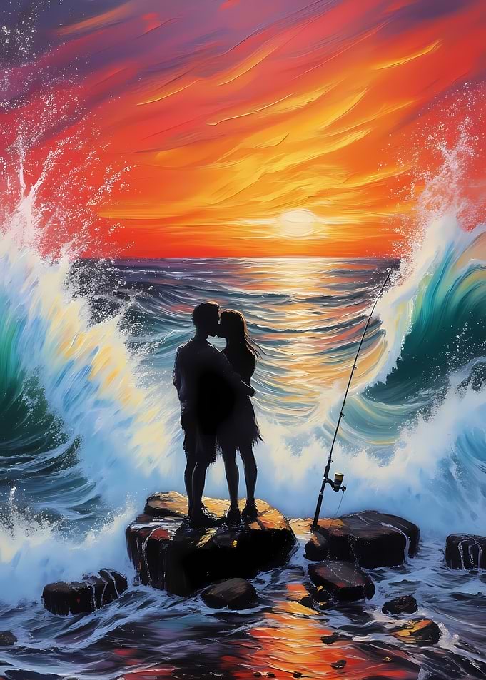 Couple kissing at sunset with waves