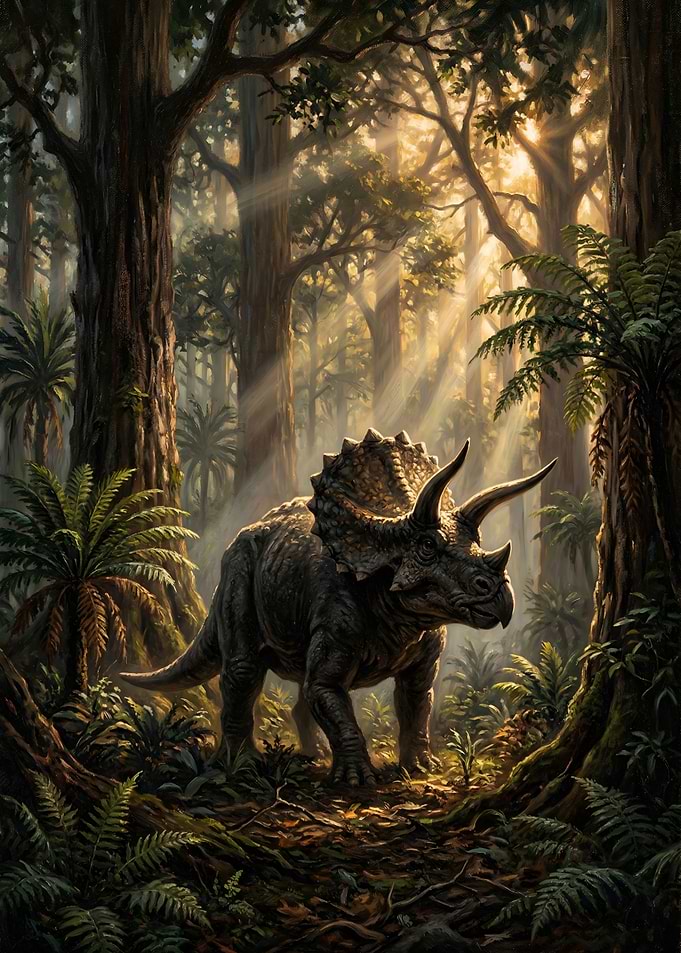Triceratops in a Sunlit Forest