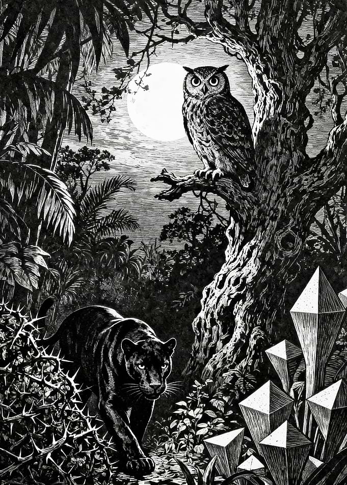 Black Panther and Owl in Moonlit Jungle