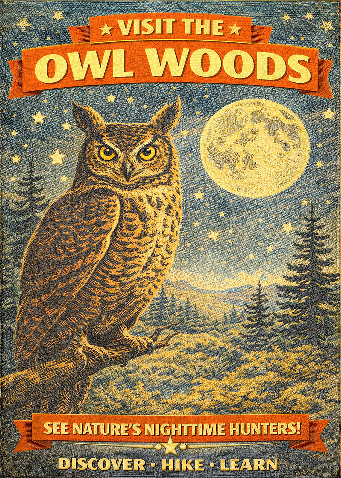 Visit the Owl Woods Vintage Poster