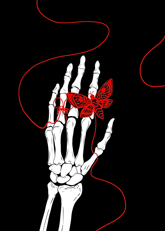 Skeleton Hand with Red Moth and String