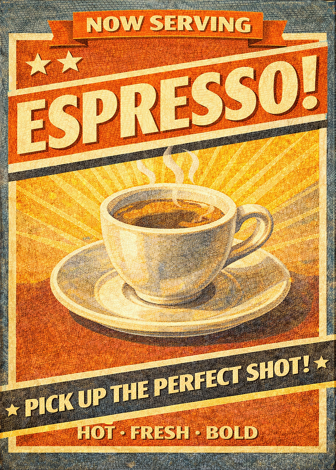 Espresso Now Serving Vintage Poster