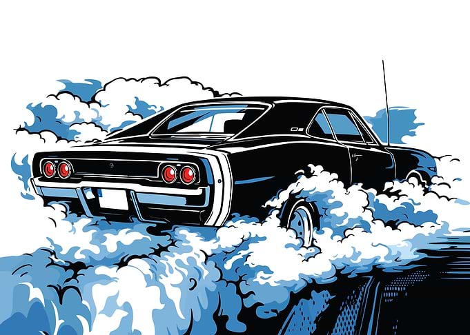 Black Dodge Charger Drifting in Smoke