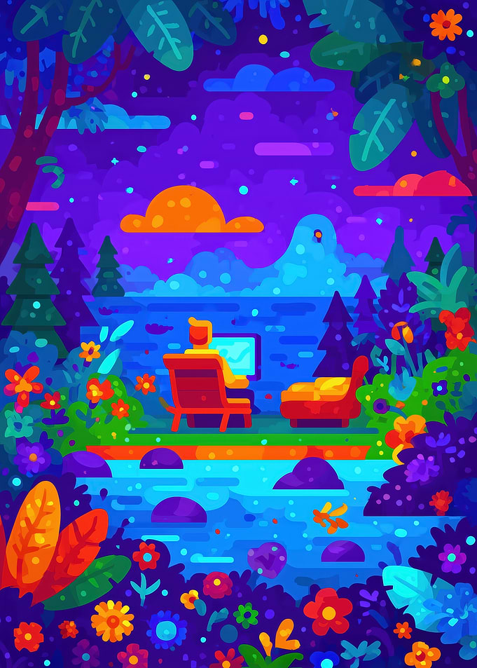 Person with a pc in a vibrant natural landscape