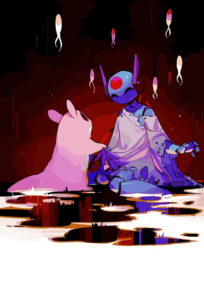 Two alien creatures in a dark, watery environment