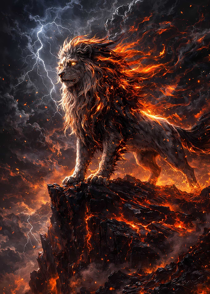 Fiery Lion on Volcanic Cliff