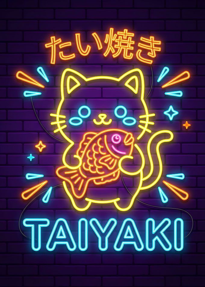 Cute Cat Holding Taiyaki Neon Sign