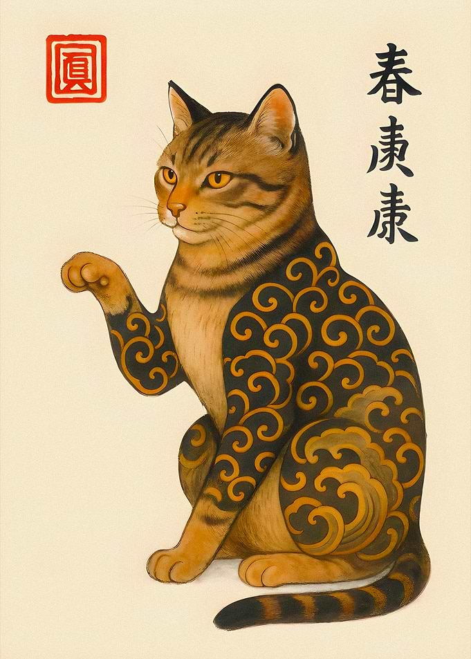 Japanese Cat with Swirls and Kanji