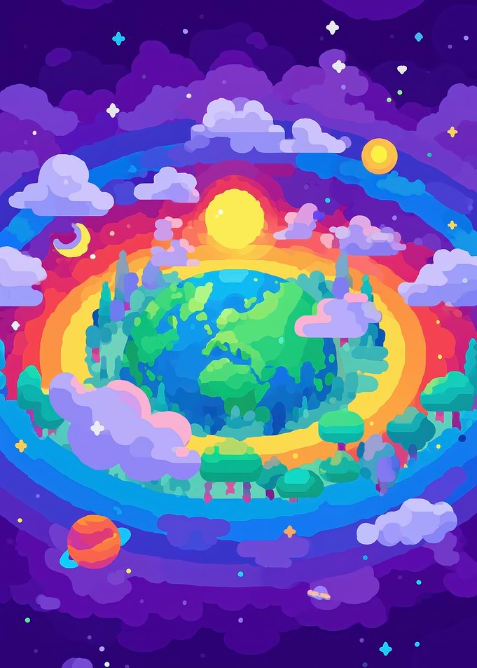 Whimsical Planet Earth in Rainbow Orbit