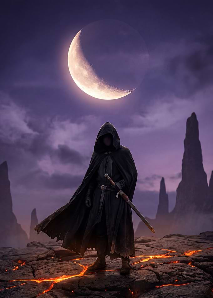 Mysterious Figure Under a Crescent Moon